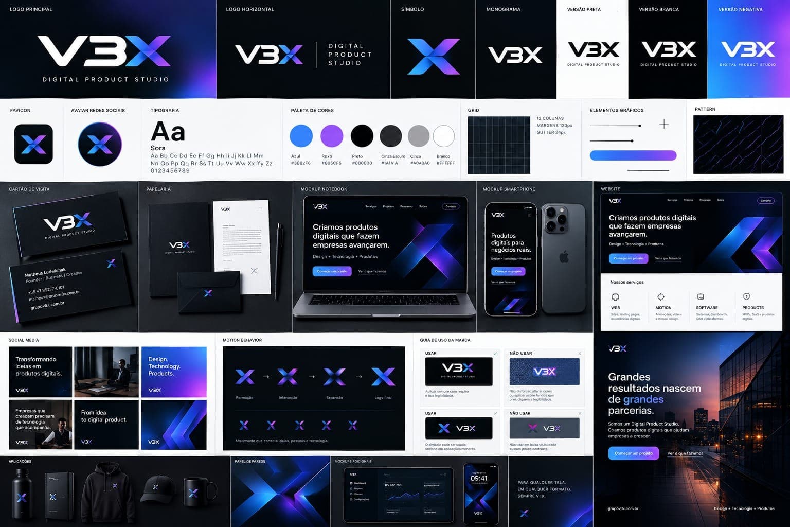 Brand board completo da identidade visual V3X