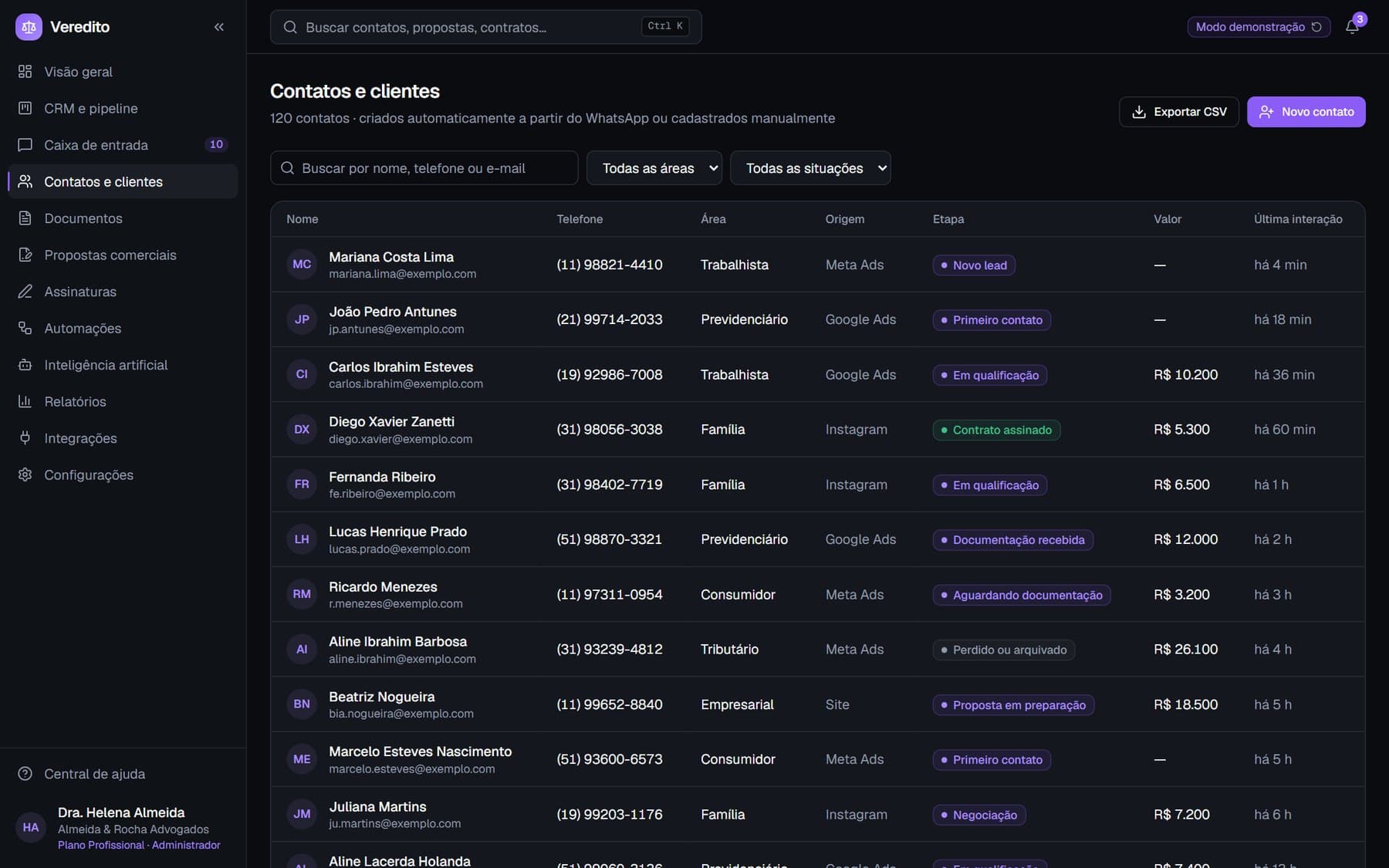 Veredito, lista de contatos e clientes